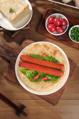 Homemade Pancake with Sausages and Fresh Vegetables on Wooden Board - Breakfast Food Photography