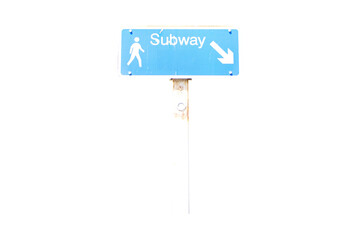 Signs blue rectangle aluminum with white letters subway, arrow and pedestrian icon isolated on cutout PNG or transparent background. Provides directions to underground metro station sign.