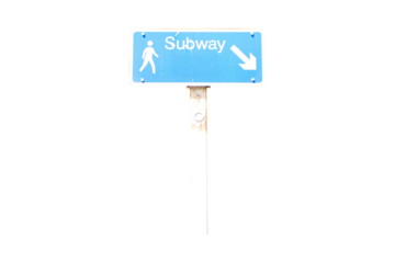 Signs blue rectangle aluminum with white letters subway, arrow and pedestrian icon isolated on cutout PNG or transparent background. Provides directions to underground metro station sign.