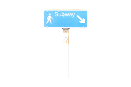 Signs blue rectangle aluminum with white letters subway, arrow and pedestrian icon isolated on cutout PNG or transparent background. Provides directions to underground metro station sign.