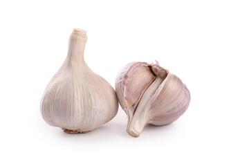Fresh Shandong Farm Garlic Bulbs Whole and Split Showing Cloves Isolated on White Background