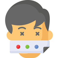 Stylized human head with grey hair and closed eyes marked with X symbols representing death or unconsciousness covered by a band with three colored circles indicating censorship or muted speech over