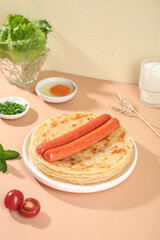 Handmade Buttered Pancakes with Sausages - Homestyle Breakfast Meal with Fresh Vegetables
