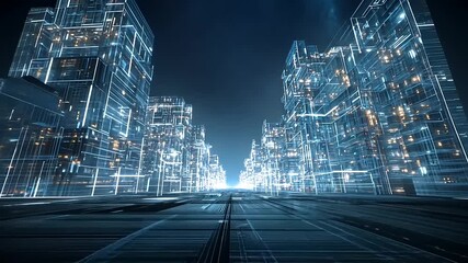 Futuristic cityscape with glowing skyscrapers and digital elements, showcasing advanced technology - Powered by Adobe