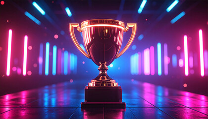 Victory Championship Trophy Under Stadium Lights with Glittering Celebration Atmosphere