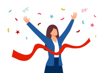 Businesswoman crossing the finish line red ribbon in flat design. Woman win competition.
