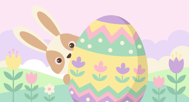 Bunny Hiding Behind an Egg
Cute flat vector bunny peeking from behind a large decorated Easter egg, playful pose, warm pastel color scheme,