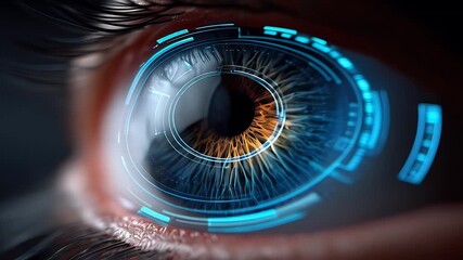 Close up eye with holographic interface and digital technology - Powered by Adobe