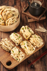 Traditional Handmade Scallion Pork Rolls on Wooden Board Asian Cuisine Food Photography