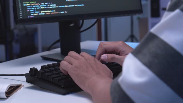 Close-up shot of IT freelancer programmer and tech engineer working with computer keyboard, hand typing software codes for application development and website network system information data in room.