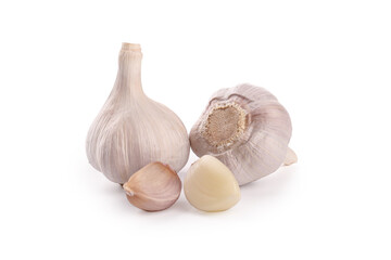 Fresh Shandong Garlic Bulbs and Cloves Isolated on White Background
