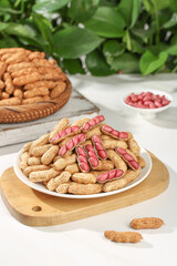 Fresh Red Peanuts Skinned and Shelled on Wooden Board - Healthy Snack Food Ingredient