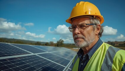 Senior engineer wearing hardhat at solar farm