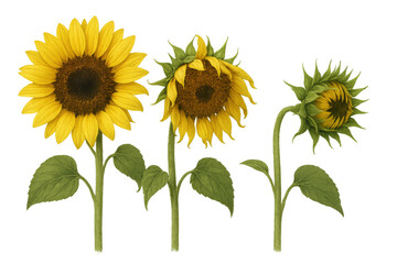Naklejka premium Sunflower life cycle stages showing bud, young flower, and full bloom on transparent background