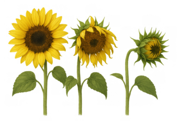 Sunflower life cycle stages showing bud, young flower, and full bloom on transparent background