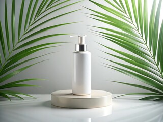 White bottle on a stand with palm leaves isolated on white background
