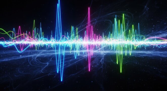 Vibrant audio spectrum visualization against a dark background in neon hues reflecting light - Powered by Adobe
