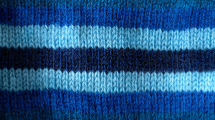 Blue striped knitted fabric texture as background. Wool knitting texture close-up.
