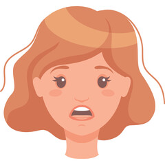 Illustration of a young woman with short orange hair and wide eyes expressing shock and disbelief with her mouth open against a transparent background
