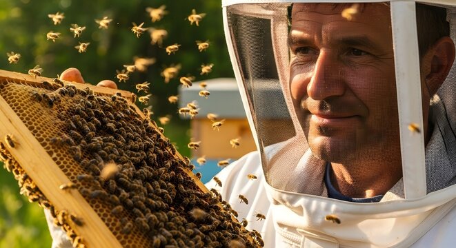 A beekeeper in a protective suit and veil carefully inspects a wooden honeycomb frame swarming with honeybees.