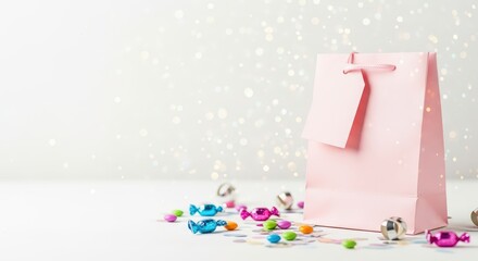 Birthday. Pink gift bag surrounded by colorful confetti and shiny decorations, creating a festive atmosphere for children's birthday celebrations with copy space