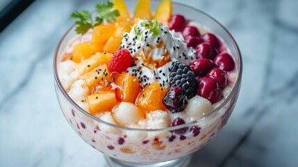 Refreshing Korean dessert topped with sweet red beans, mochi, fresh fruit slices, and condensed milk, served in a glass bowl on a marble table.