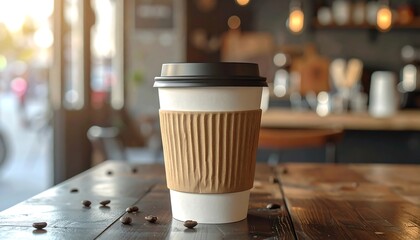 Coffee cup on wooden table in cafe with blurred background.