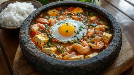 Soft tofu stew with seafood and red chili broth, bubbling in a stone pot with a raw egg on top, served with steamed rice.