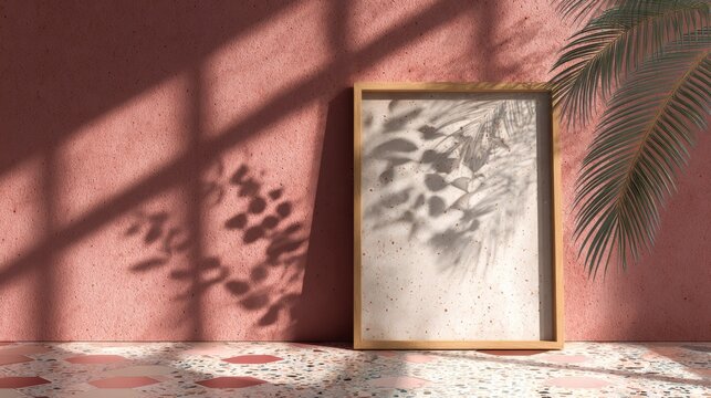White picture frame template on dusty rose terrazzo wall with fern shadows and modern geometric patterns