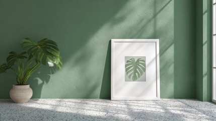 White picture frame template on sage green terrazzo wall with monstera leaf shadows and natural lighting
