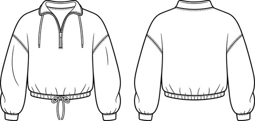 Technical vector flat of cropped pullover with half zip collar, drawstring hem, dropped sleeves, ribbed cuffs and clean garment stitch detailing © Its Marjia's World