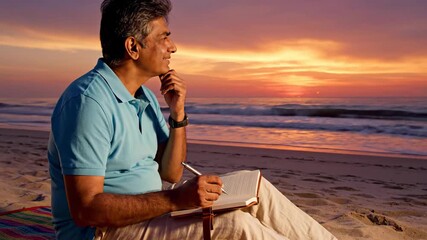Man writing in journal on beach at sunset.