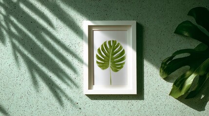 White picture frame template on sage green terrazzo wall with monstera leaf shadows and natural lighting