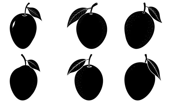 Fresh mango fruit silhouettes for vibrant summer designs, ideal for healthy eating promotions and tropical recipe illustrations, vector graphics