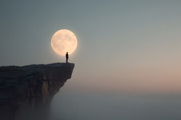 a person standing on a cliff with a full moon in the background