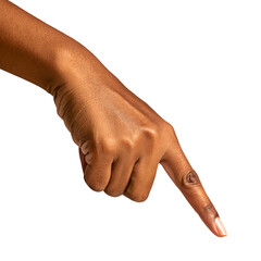 Cut-out downward pointing hand gesture, clean transparent background ideal for graphic design and digital interfaces.