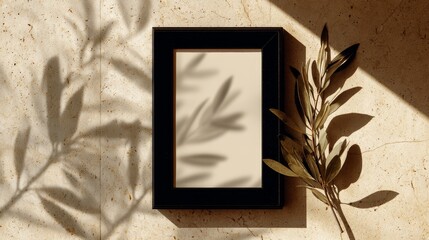 Black picture frame template on beige terrazzo surface with olive branch shadows and warm sunlight