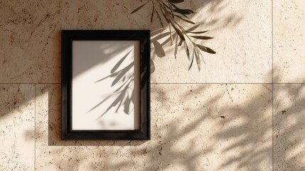 Black picture frame template on beige terrazzo surface with olive branch shadows and warm sunlight