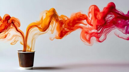 Abstract colorful smoke-like forms in orange and red hues emerge from a brown paper coffee cup, set against a clean white backdrop.