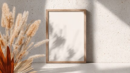 Blank picture frame template on cream terrazzo backdrop with dried pampas grass and angular shadows