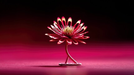A stylized, metallic red flower sculpture with delicate, layered petals and a yellow center, standing on a pink surface. The background is dark and transitions