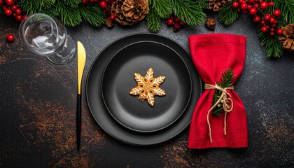 Elegant Christmas dinner table setting with festive decoration, gold accents, ribbon bows, and napkin on a plate for a holiday celebration