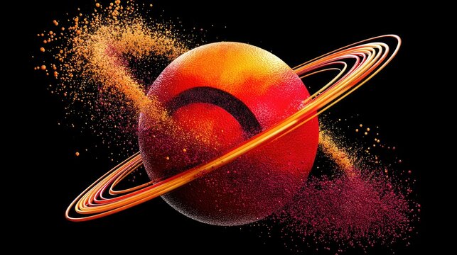 A textured, red and orange planet with concentric rings, surrounded by exploding golden and purple particles against a black background. The lighting is dramati
