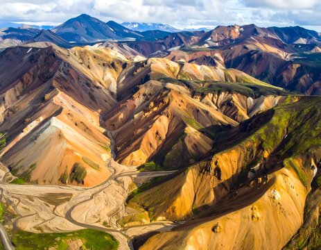 Breathtaking aerial view of Landmannalaugars colorful mountains in Iceland.