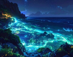 Animated coastal scene at night with glowing ocean and rocky cliffs