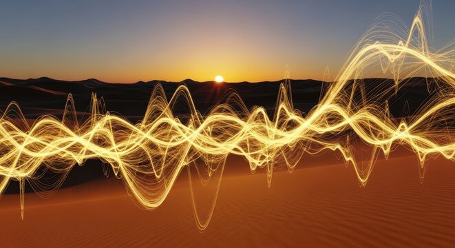 Serene desert landscape at sunset illuminated by dynamic abstract golden waveforms