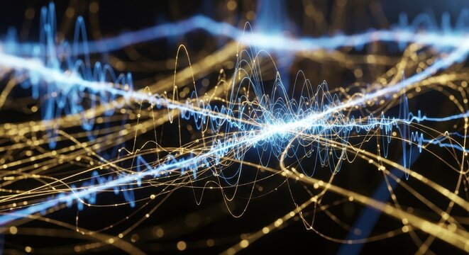 Dynamic visualization of intertwined golden and blue energy streams converging towards center