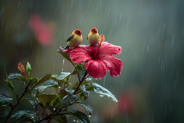 Fototapeta premium two birds sitting on a flower in the rain