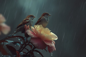 Fototapeta premium two birds sitting on a branch in the rain