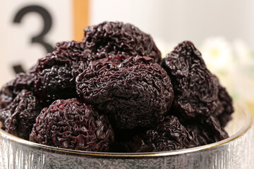 Dried Plums Prunes in Glass Bowl - Healthy Fruit Preserves Snack Food Ingredient